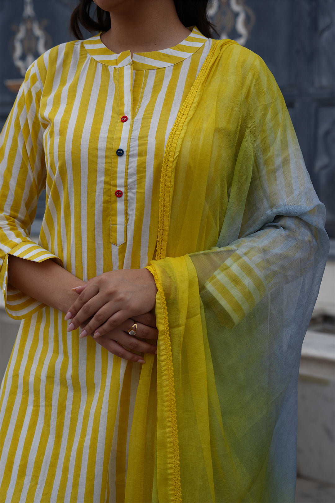 Pihu Yellow Strip Block Printed Suit Set of 3