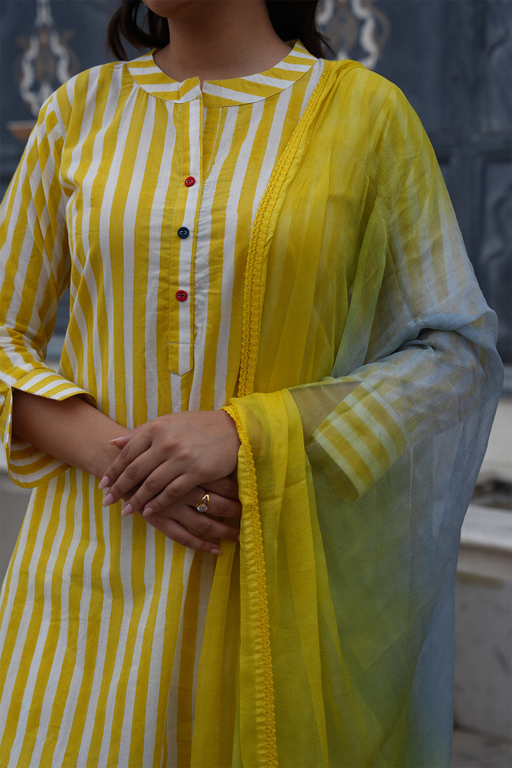 Pihu Yellow Strip Block Printed Suit Set of 3