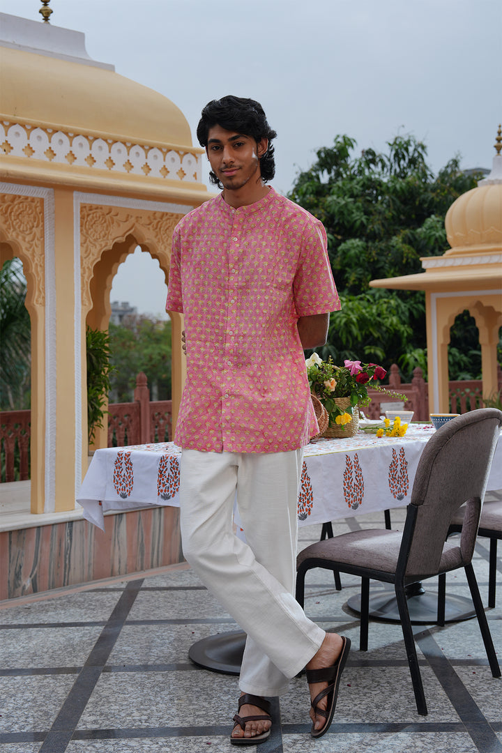 Vaayu Pink Block Printed Cotton Dobby Shirt