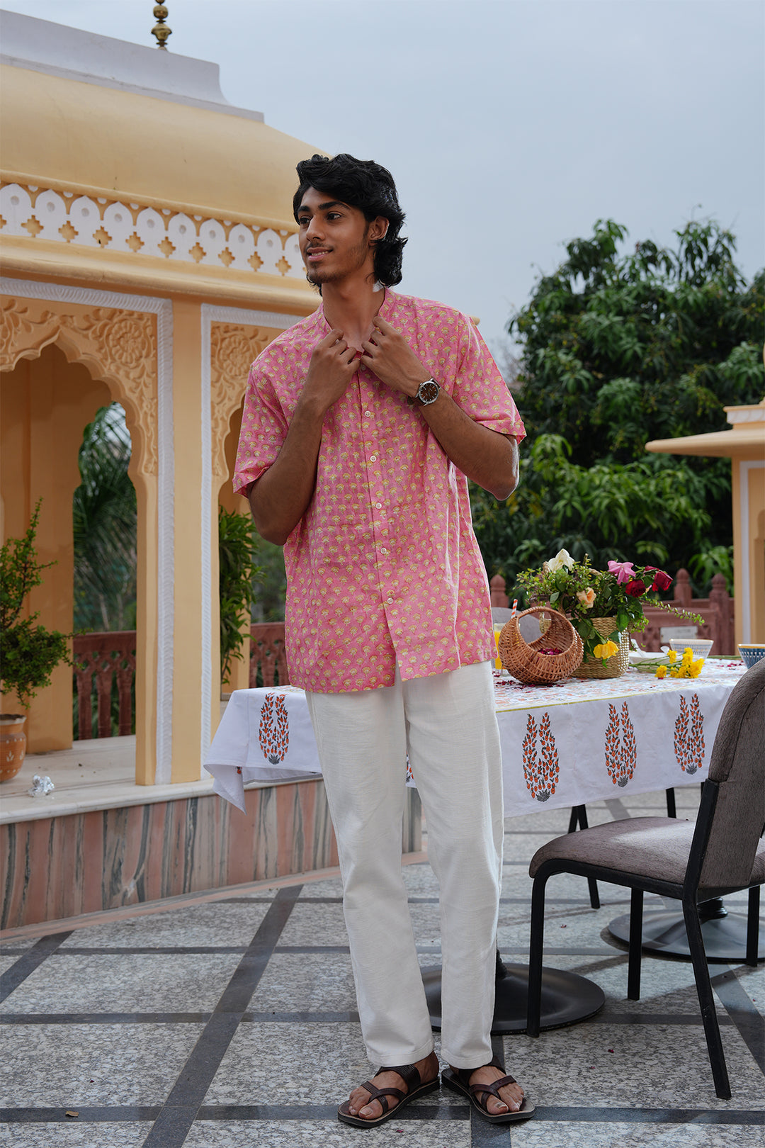 Vaayu Pink Block Printed Cotton Dobby Shirt