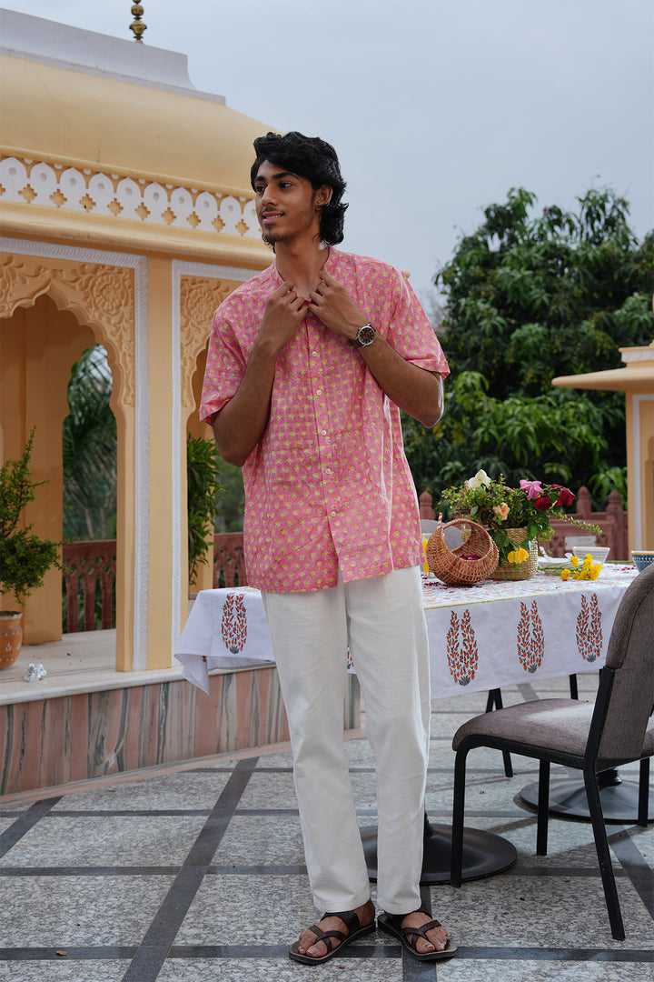 Vaayu Pink Block Printed Cotton Dobby Shirt