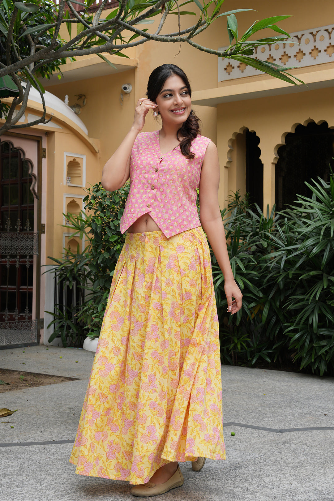 Pihu Pink Block Printed Top with Yellow Block Printed Skirt