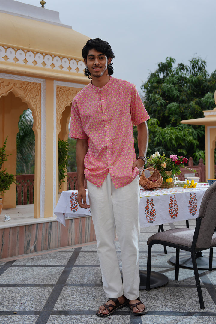 Vaayu Pink Block Printed Cotton Dobby Shirt