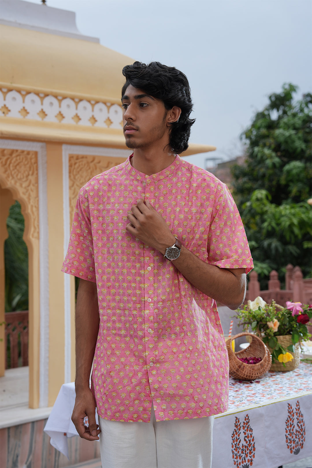 Vaayu Pink Block Printed Cotton Dobby Shirt