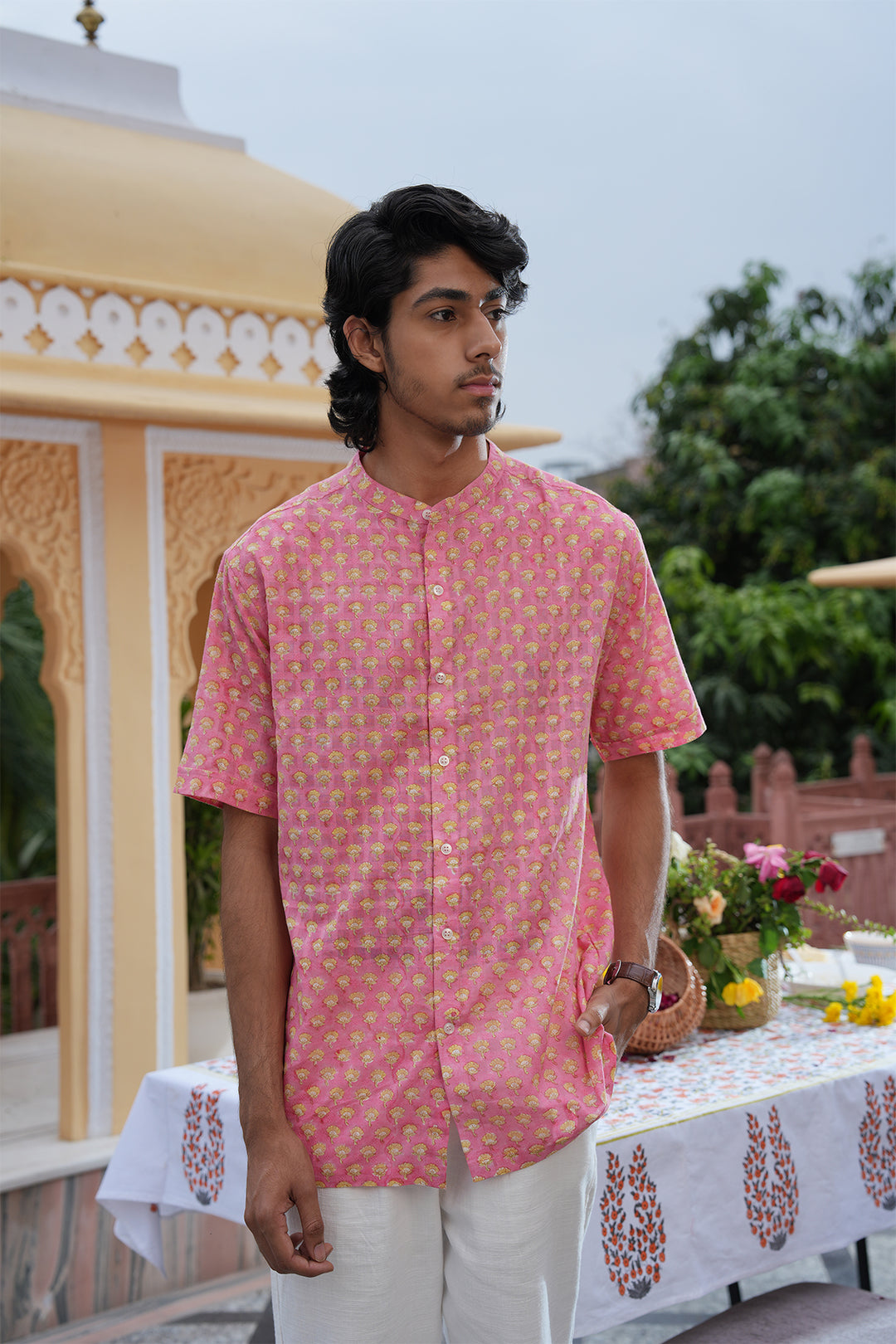 Vaayu Pink Block Printed Cotton Dobby Shirt