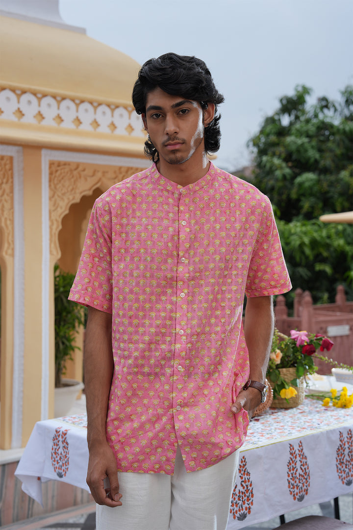 Vaayu Pink Block Printed Cotton Dobby Shirt