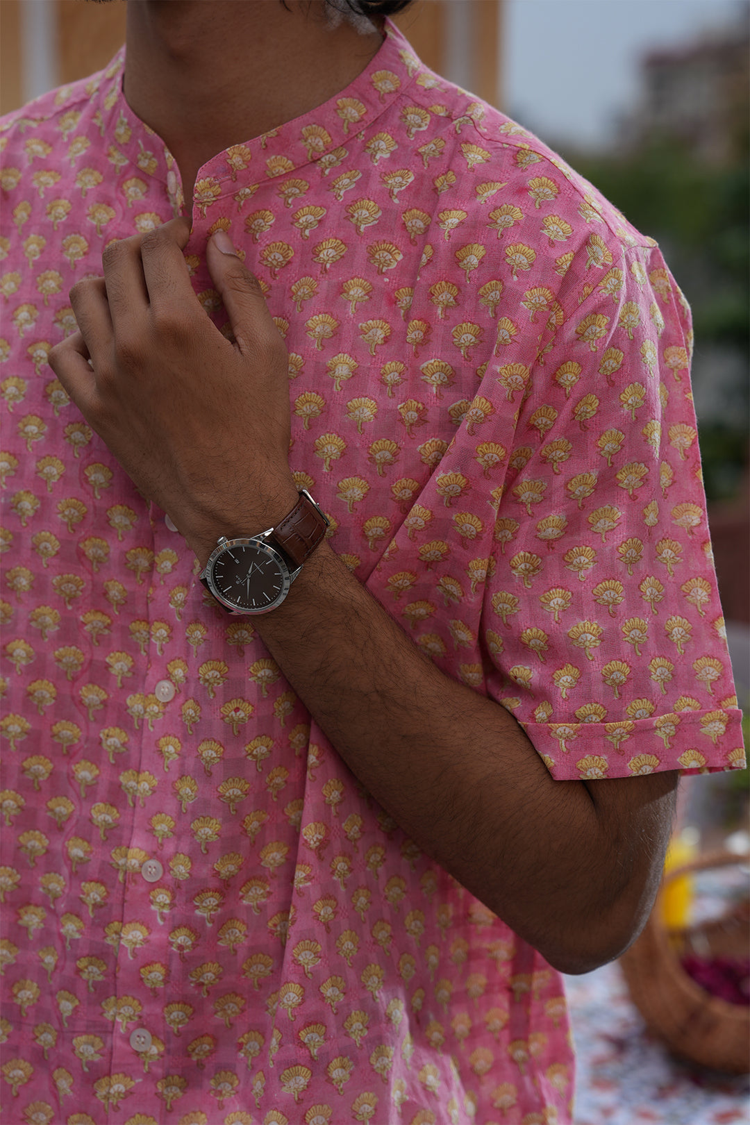 Vaayu Pink Block Printed Cotton Dobby Shirt