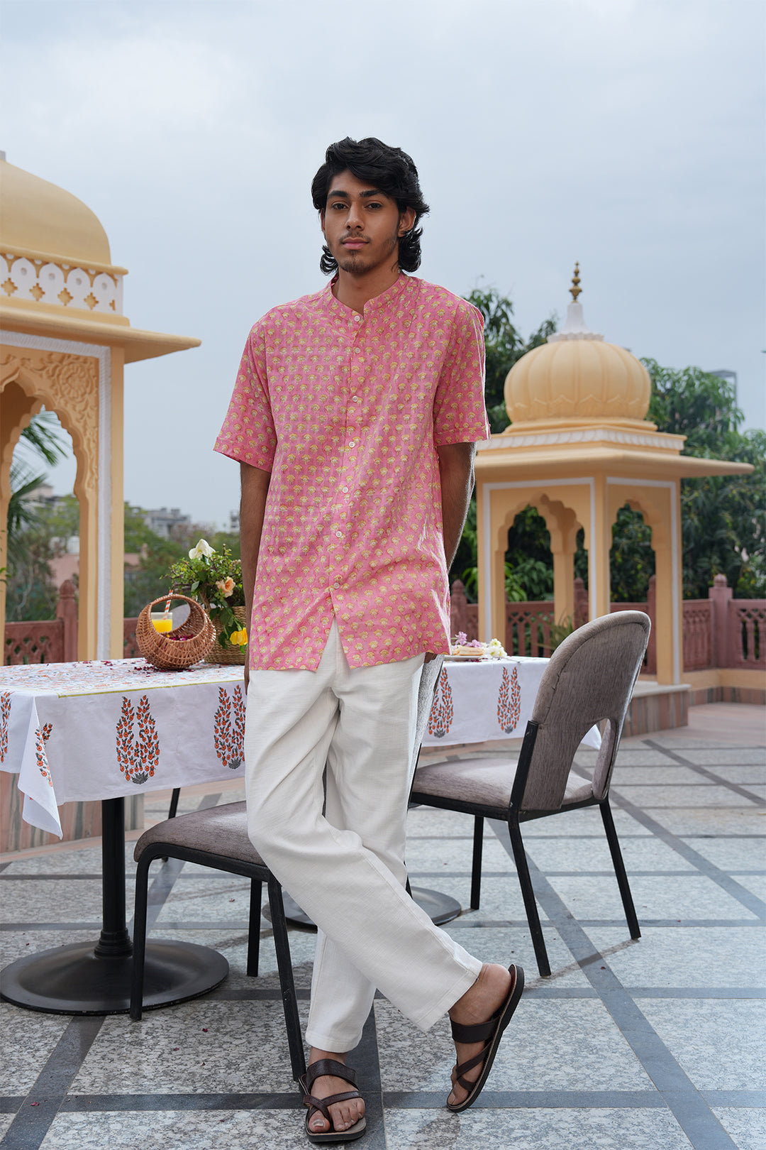 Vaayu Pink Block Printed Cotton Dobby Shirt
