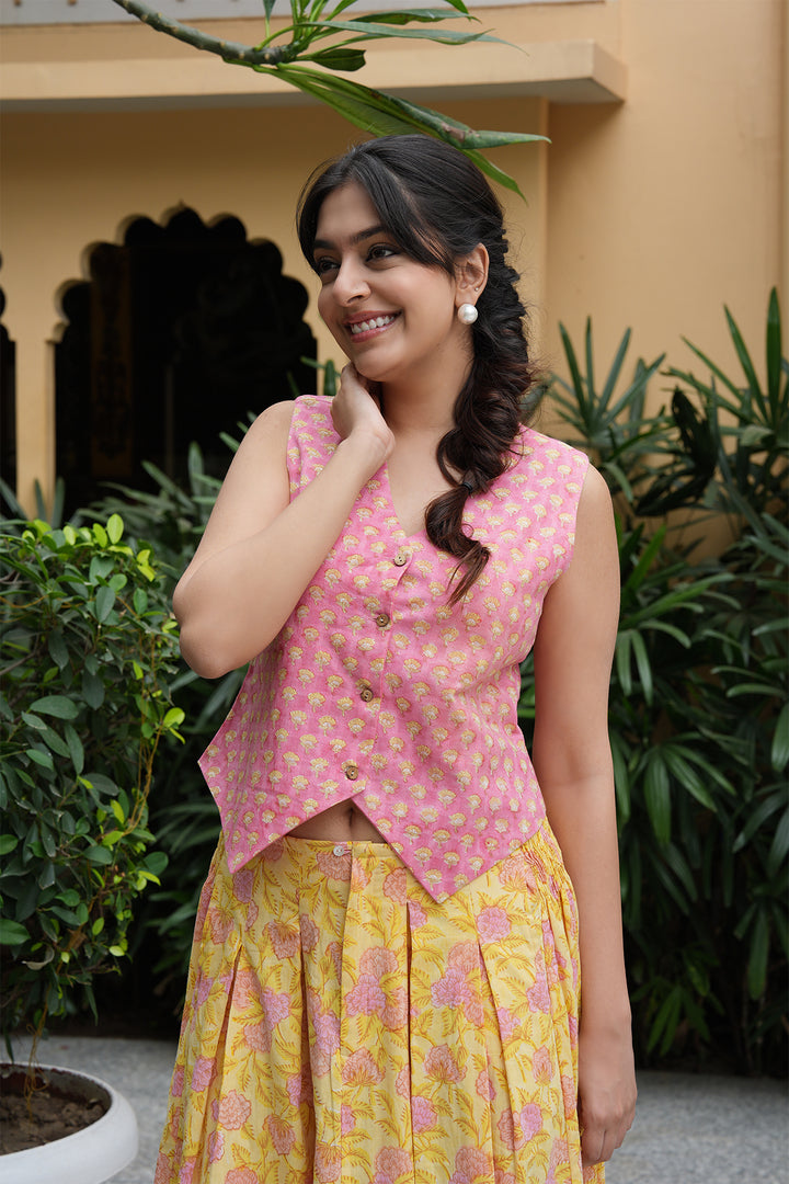 Pihu Pink Block Printed Top with Yellow Block Printed Skirt