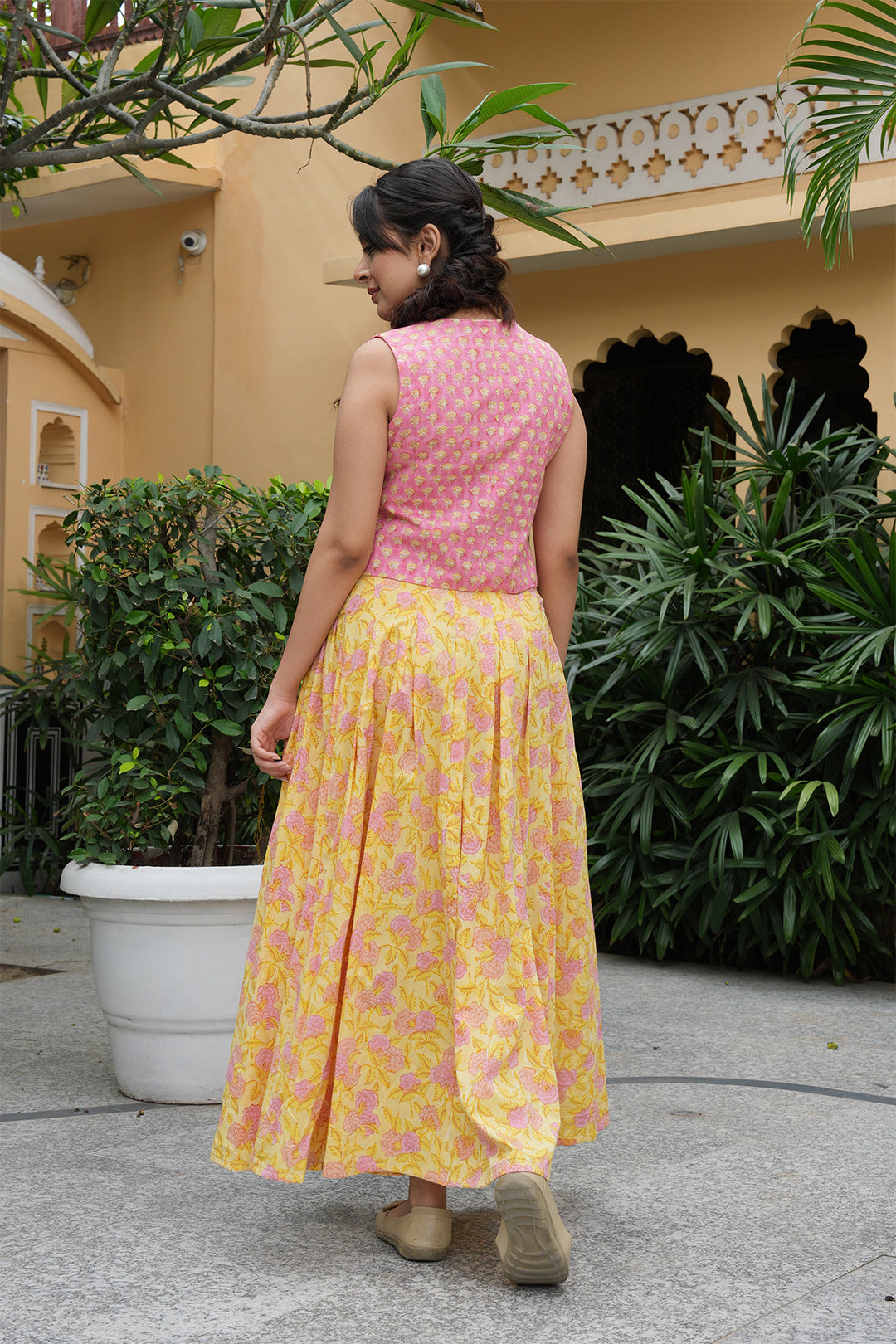Pihu Pink Block Printed Top with Yellow Block Printed Skirt