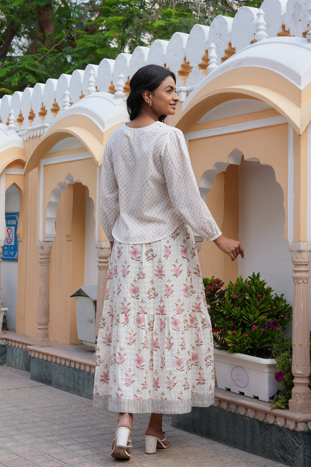 Pihu White Block Printed Top and Skirt