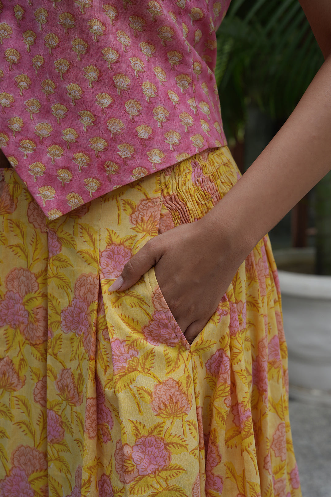 Pihu Pink Block Printed Top with Yellow Block Printed Skirt