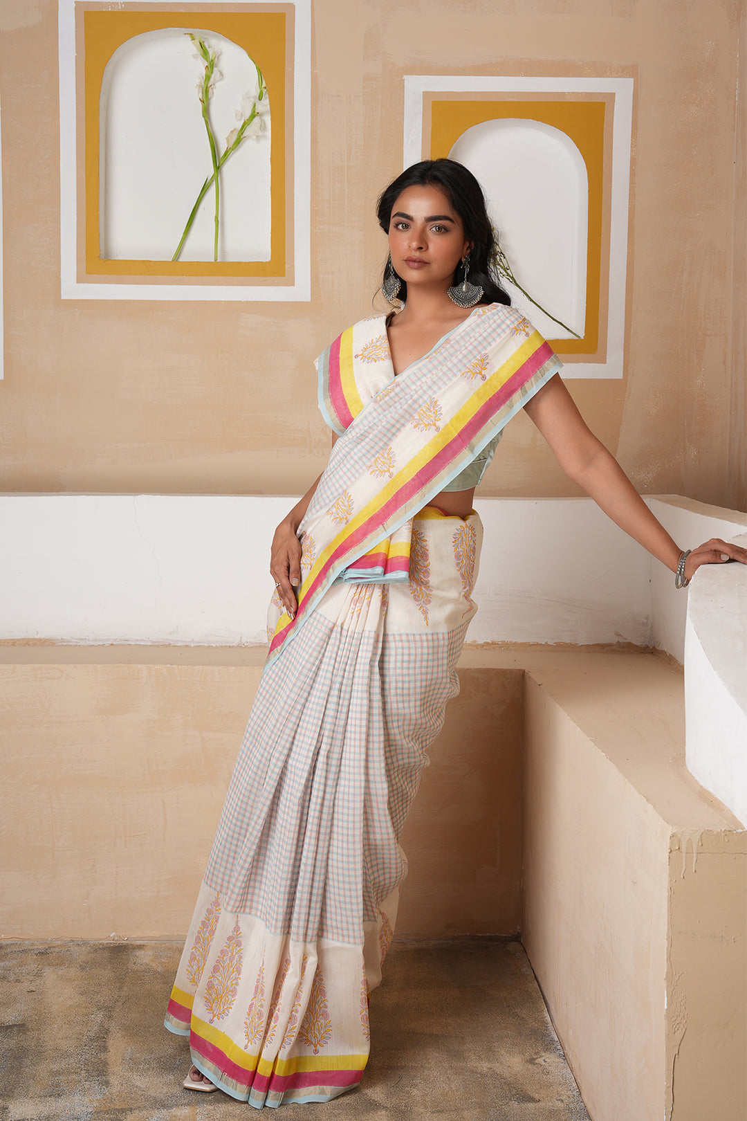 Aura Ivory Checks Chanderi Saree