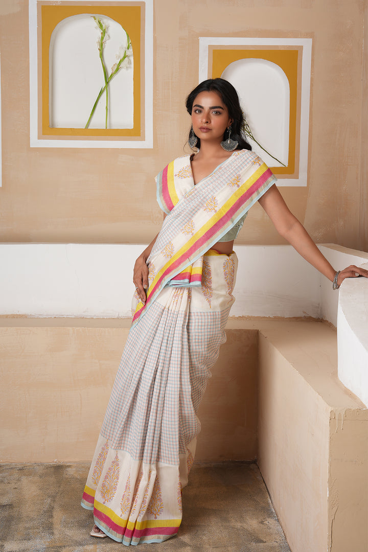 Aura Ivory Checks Chanderi Saree