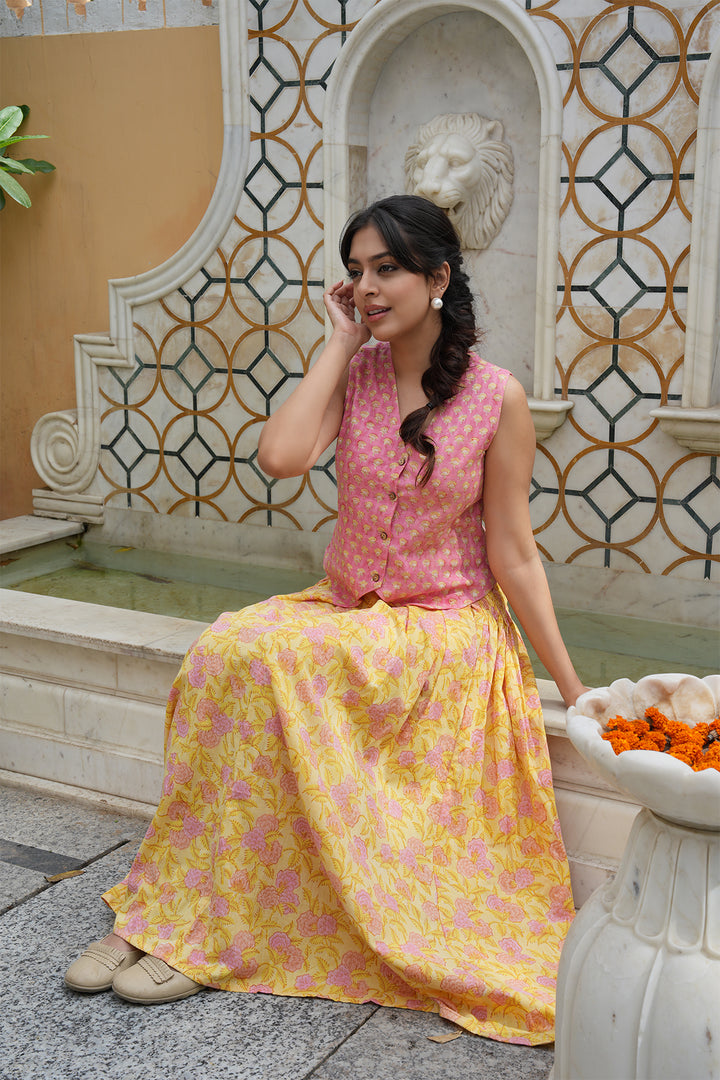 Pihu Pink Block Printed Top with Yellow Block Printed Skirt
