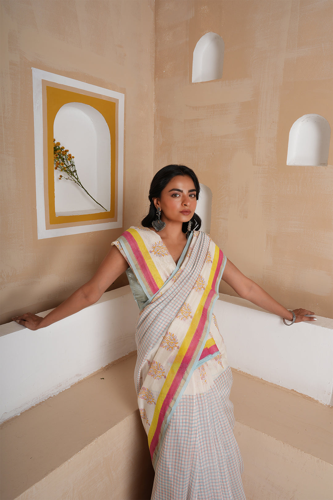 Aura Ivory Checks Chanderi Saree