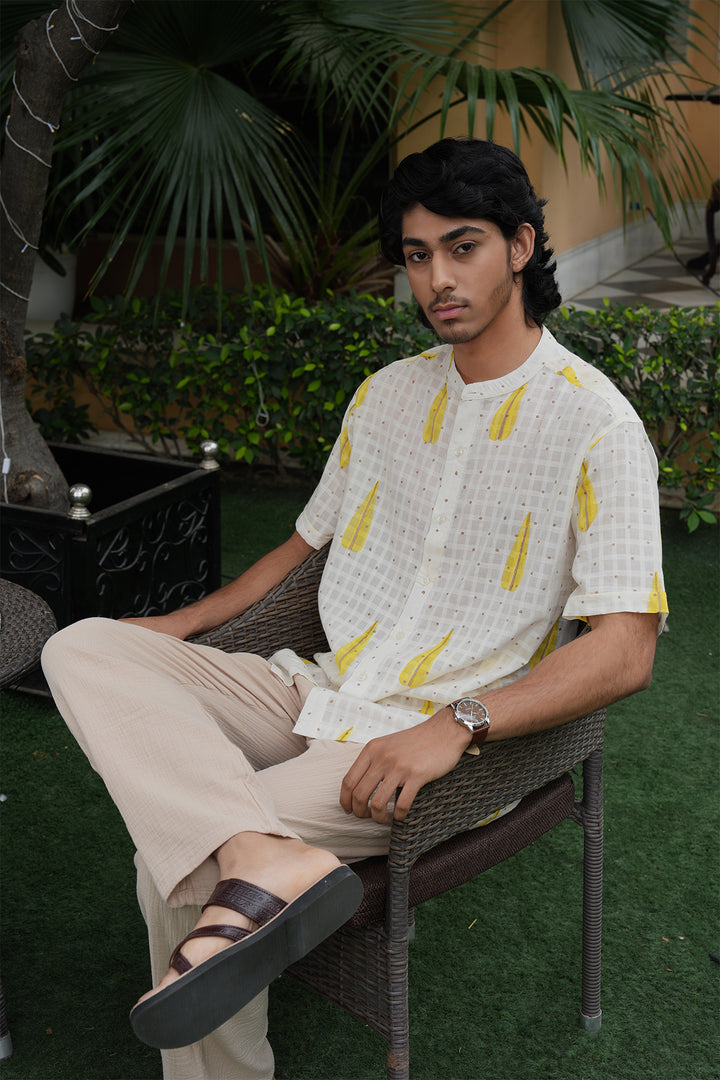 Vaayu White Block Printed Cotton Dobby Shirt