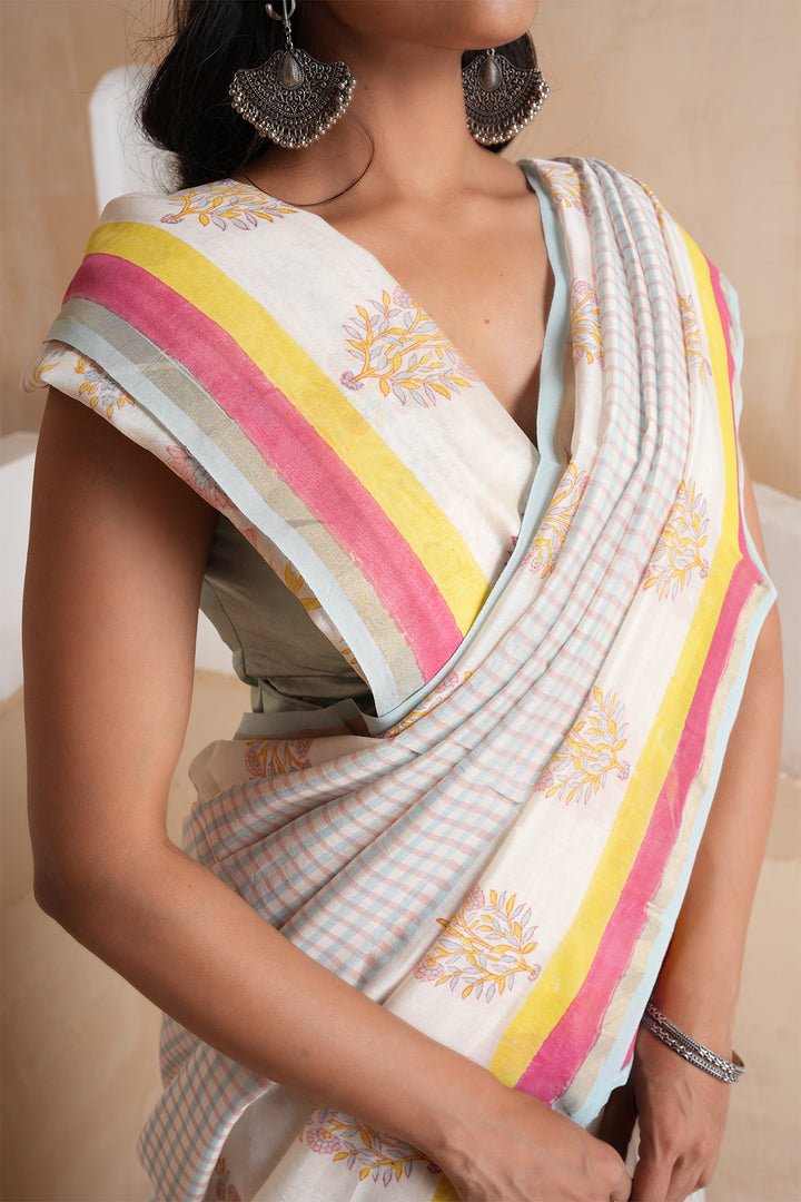 Aura Ivory Checks Chanderi Saree