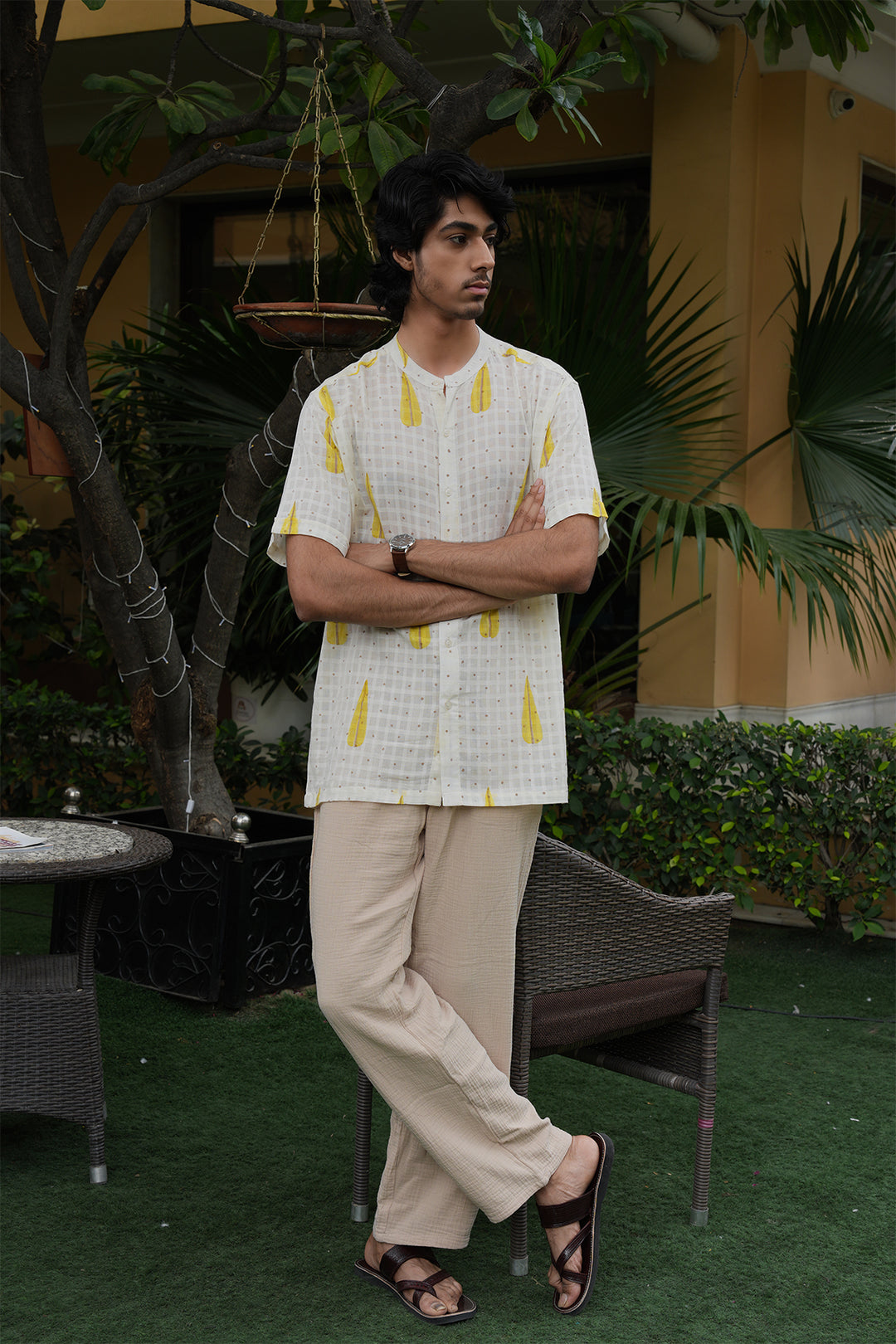Vaayu White Block Printed Cotton Dobby Shirt