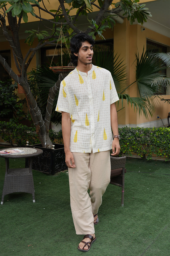 Vaayu White Block Printed Cotton Dobby Shirt