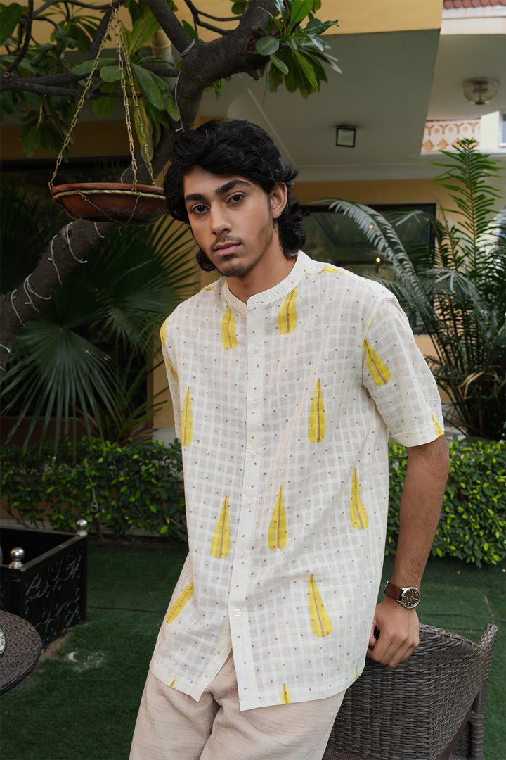 Vaayu White Block Printed Cotton Dobby Shirt