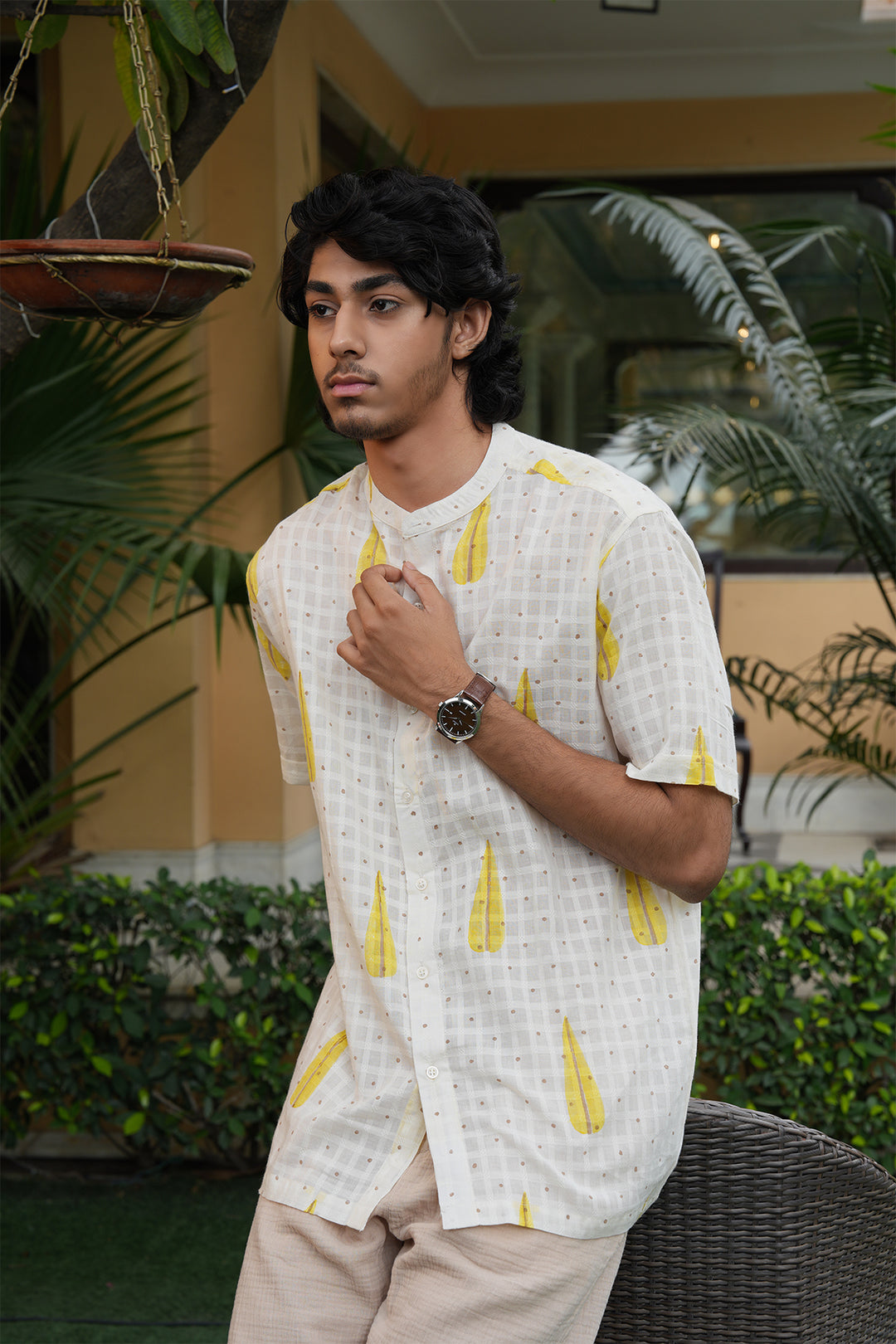 Vaayu White Block Printed Cotton Dobby Shirt