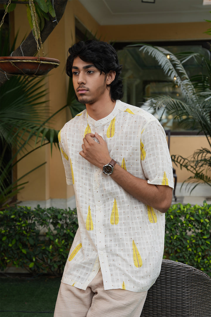 Vaayu White Block Printed Cotton Dobby Shirt