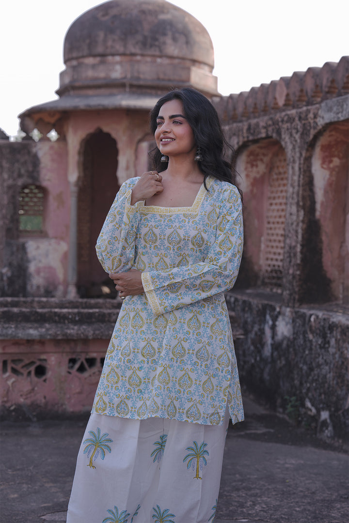 Safaid Turquoise Kurta with White Farshi Salwar Set of 2