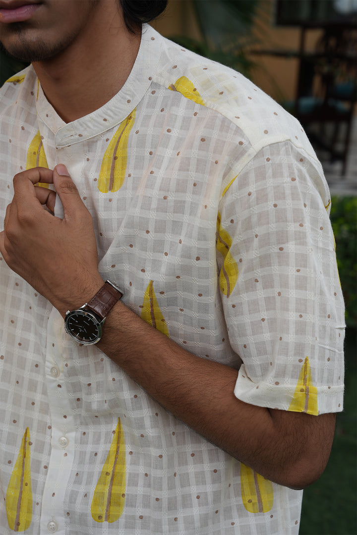 Vaayu White Block Printed Cotton Dobby Shirt