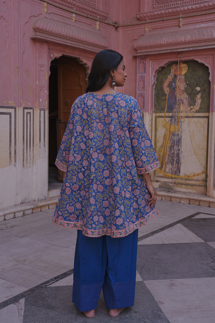 Safaid Blue Short Anarkali with Blue Farshi Salwar Set of 2