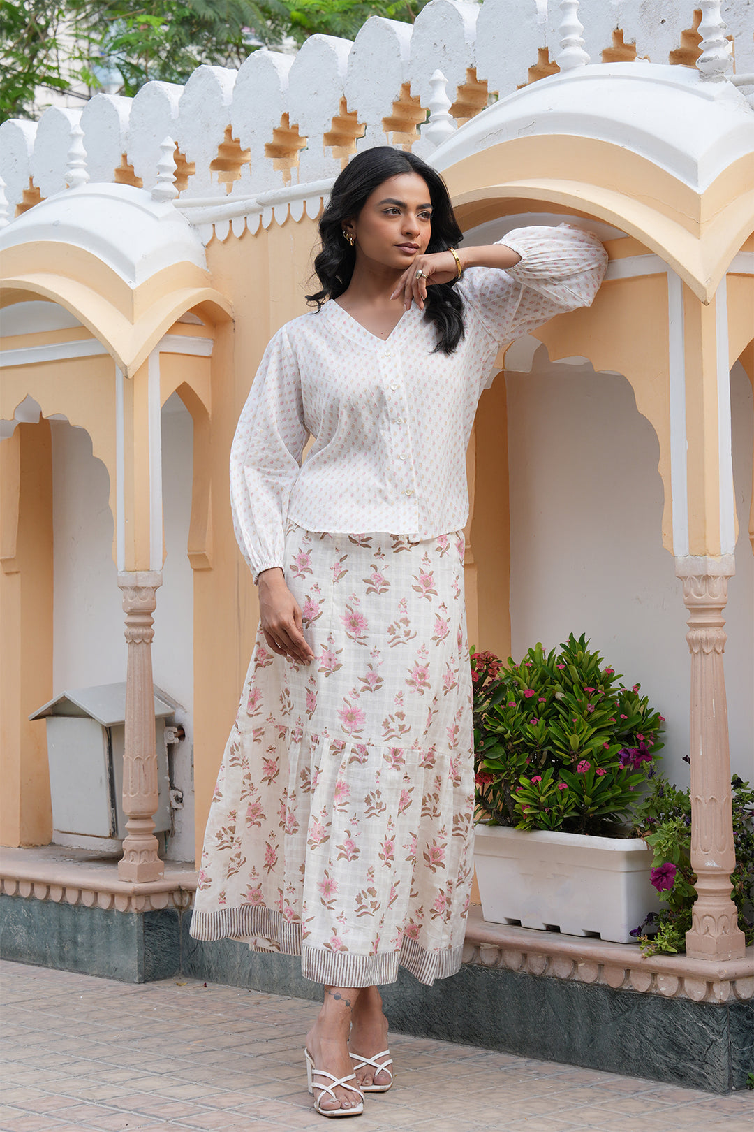 Pihu White Block Printed Top and Skirt