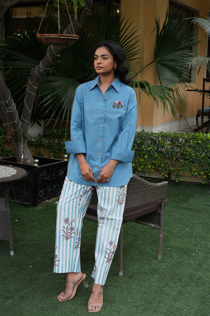 Pihu Blue Solid Shirt with Block Printed Poplin Pant Set of 2