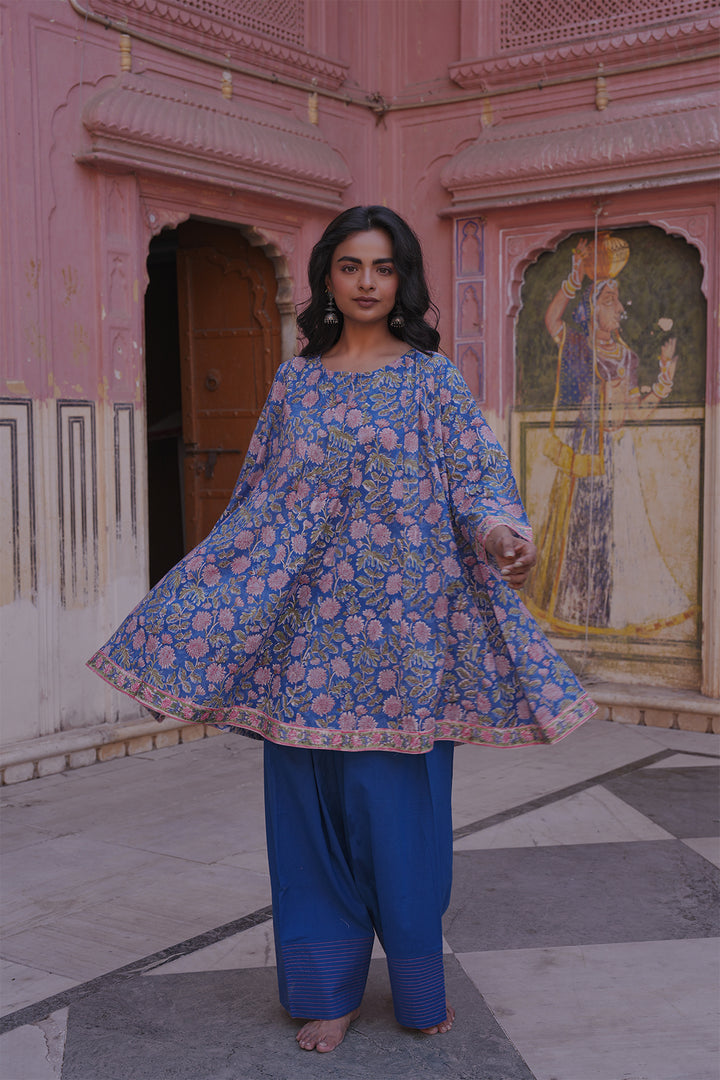 Safaid Blue Short Anarkali with Blue Farshi Salwar Set of 2