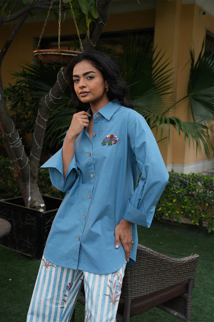 Pihu Blue Solid Shirt with Block Printed Poplin Pant Set of 2