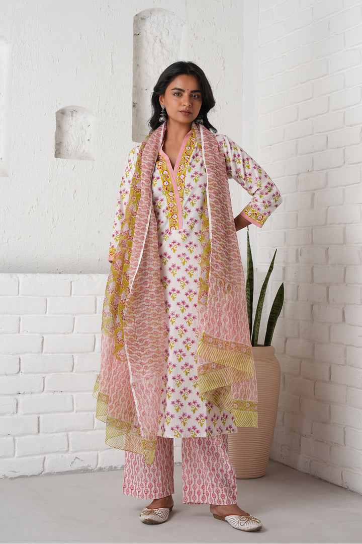 Rangrez White Buti Cotton Kurta Set of 3