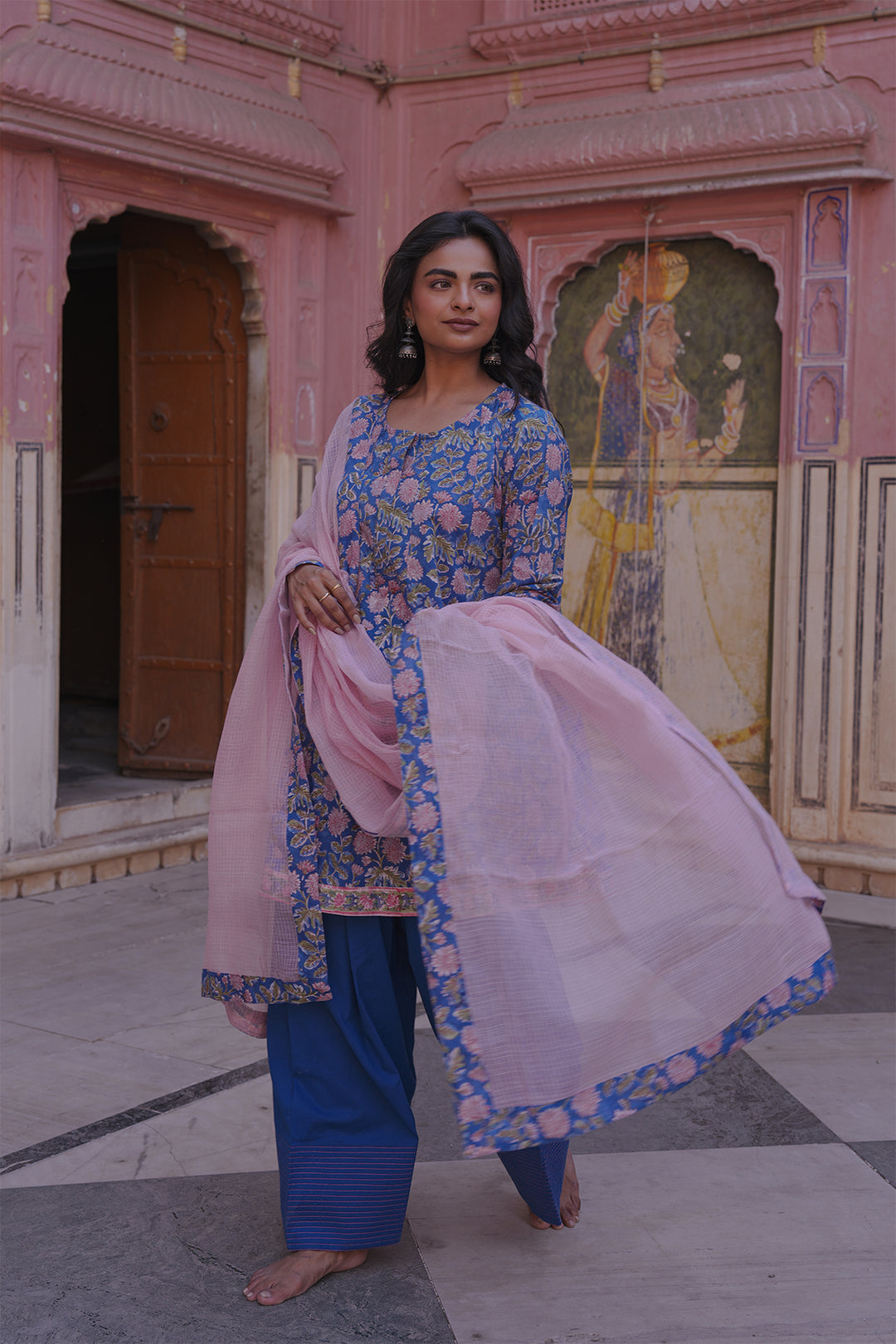 Safaid Blue Short Anarkali with Blue Farshi Salwar Set of 3