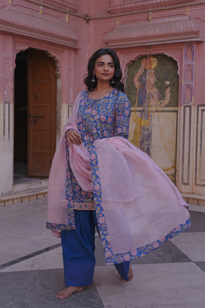 Safaid Blue Short Anarkali with Blue Farshi Salwar Set of 3