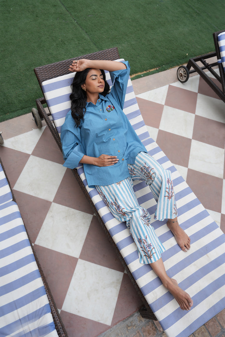 Pihu Blue Solid Shirt with Block Printed Poplin Pant Set of 2