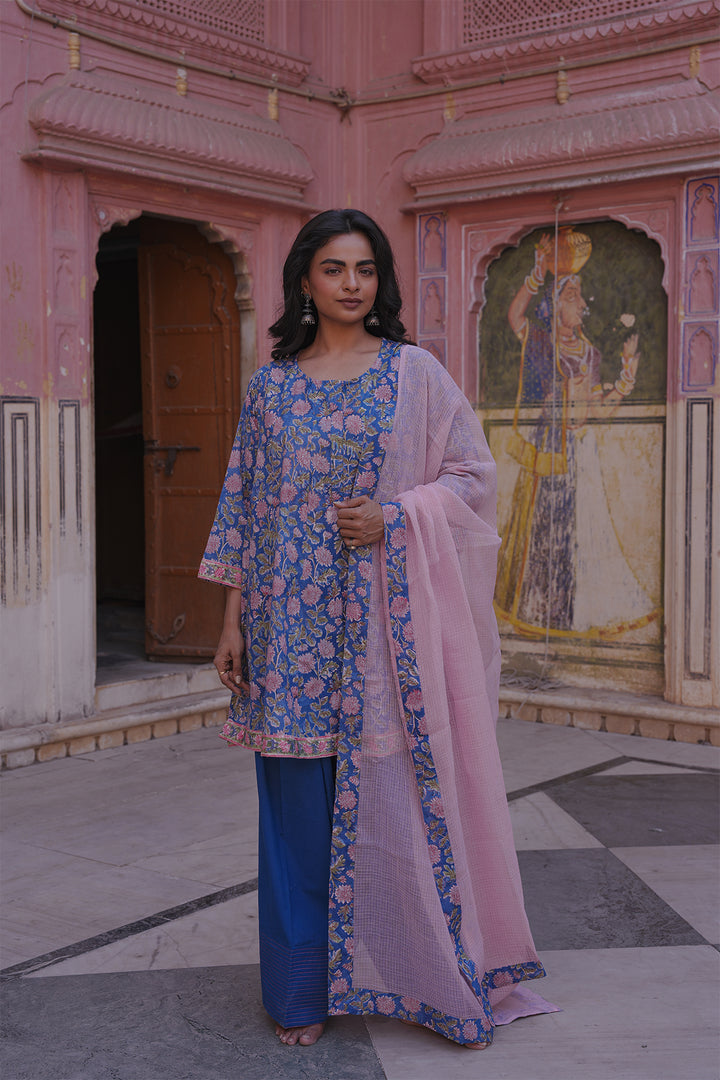 Safaid Blue Short Anarkali with Blue Farshi Salwar Set of 3