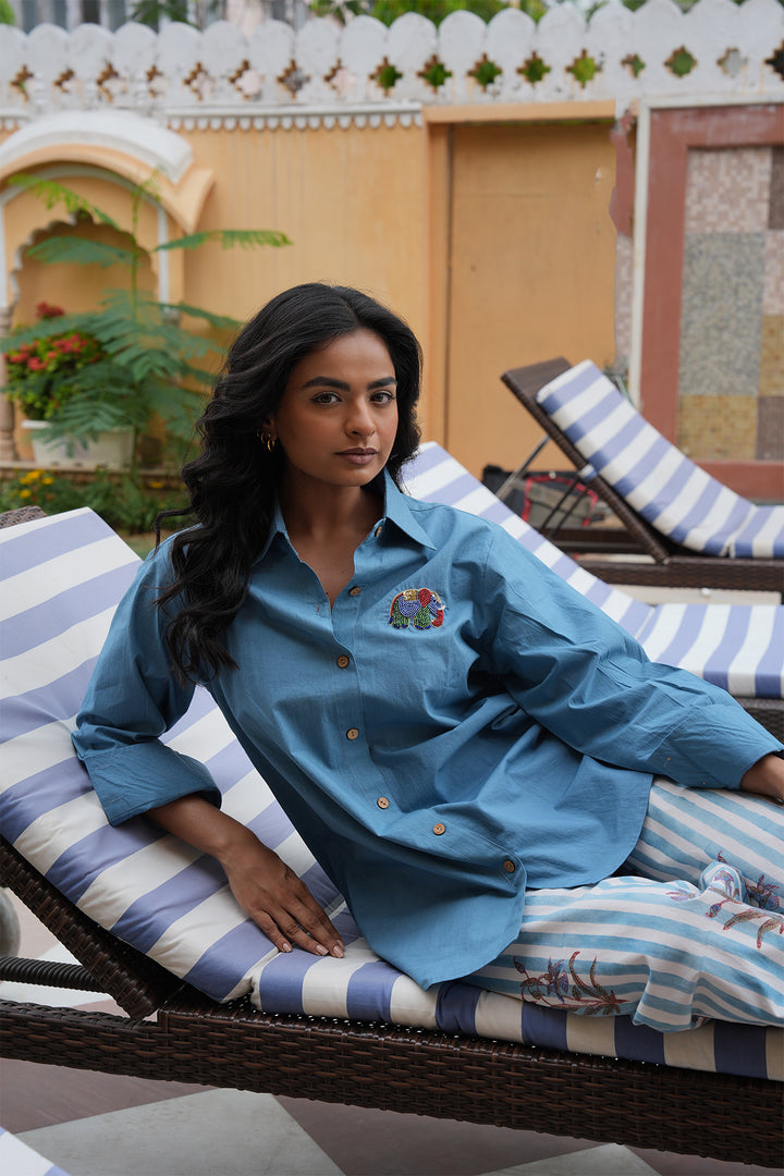 Pihu Blue Solid Shirt with Block Printed Poplin Pant Set of 2