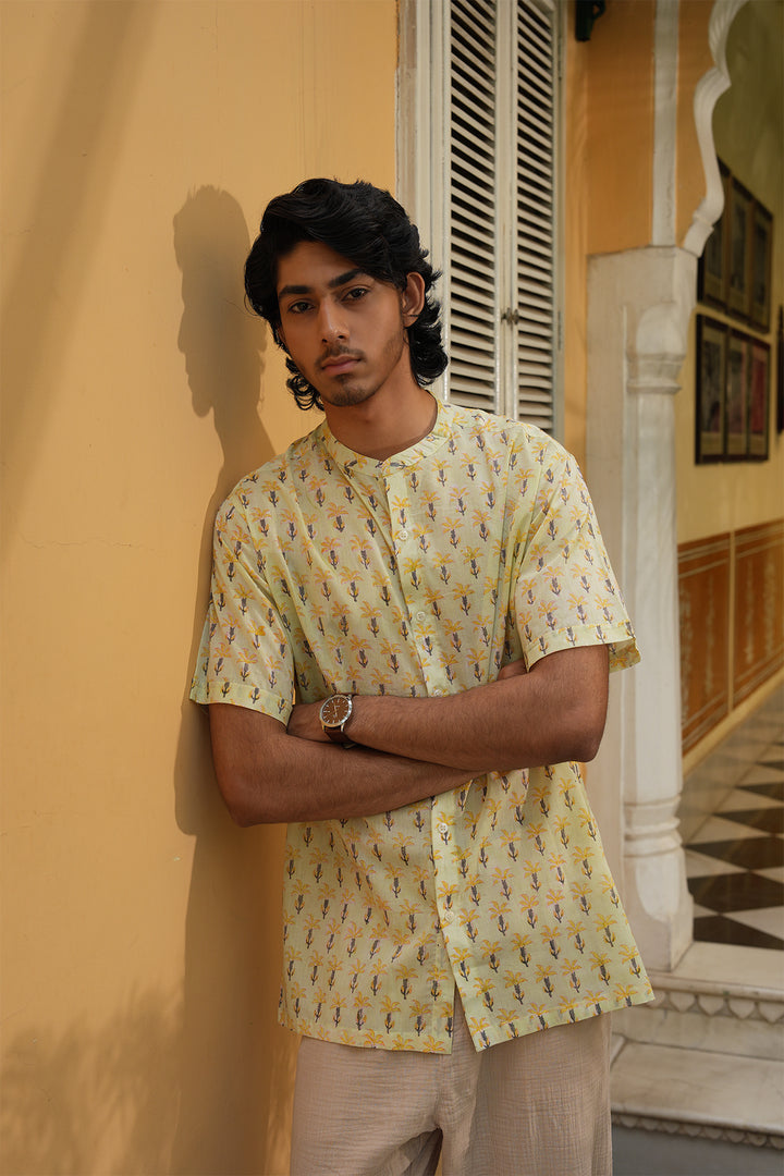 Vaayu Green Block Printed Cotton Shirt
