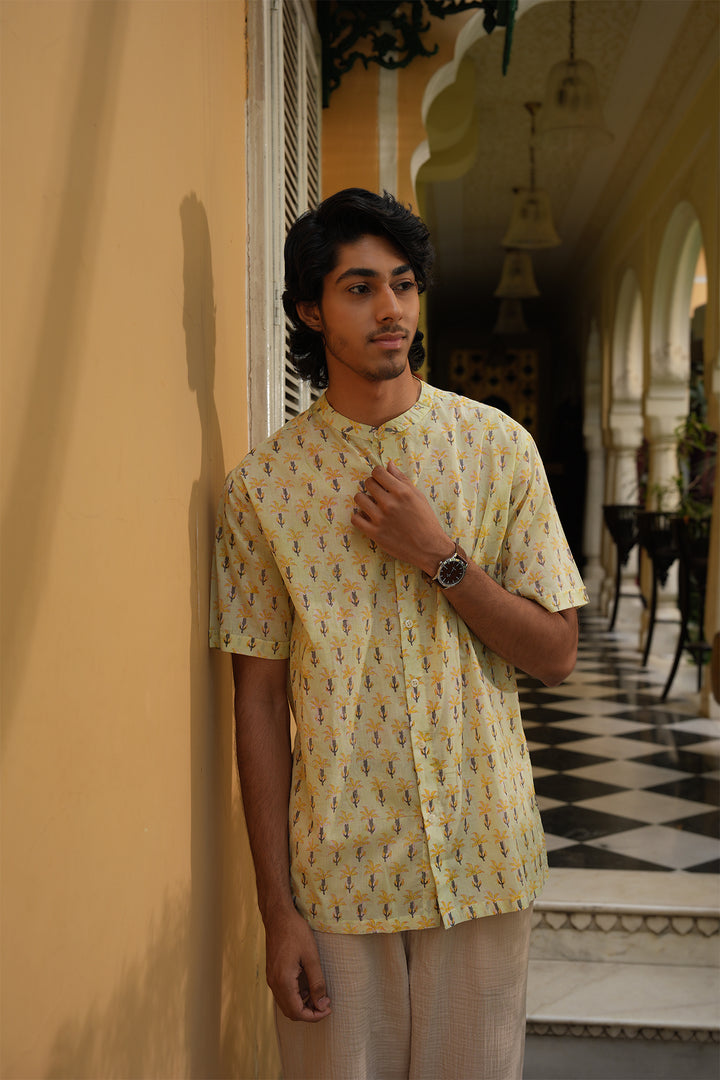 Vaayu Green Block Printed Cotton Shirt