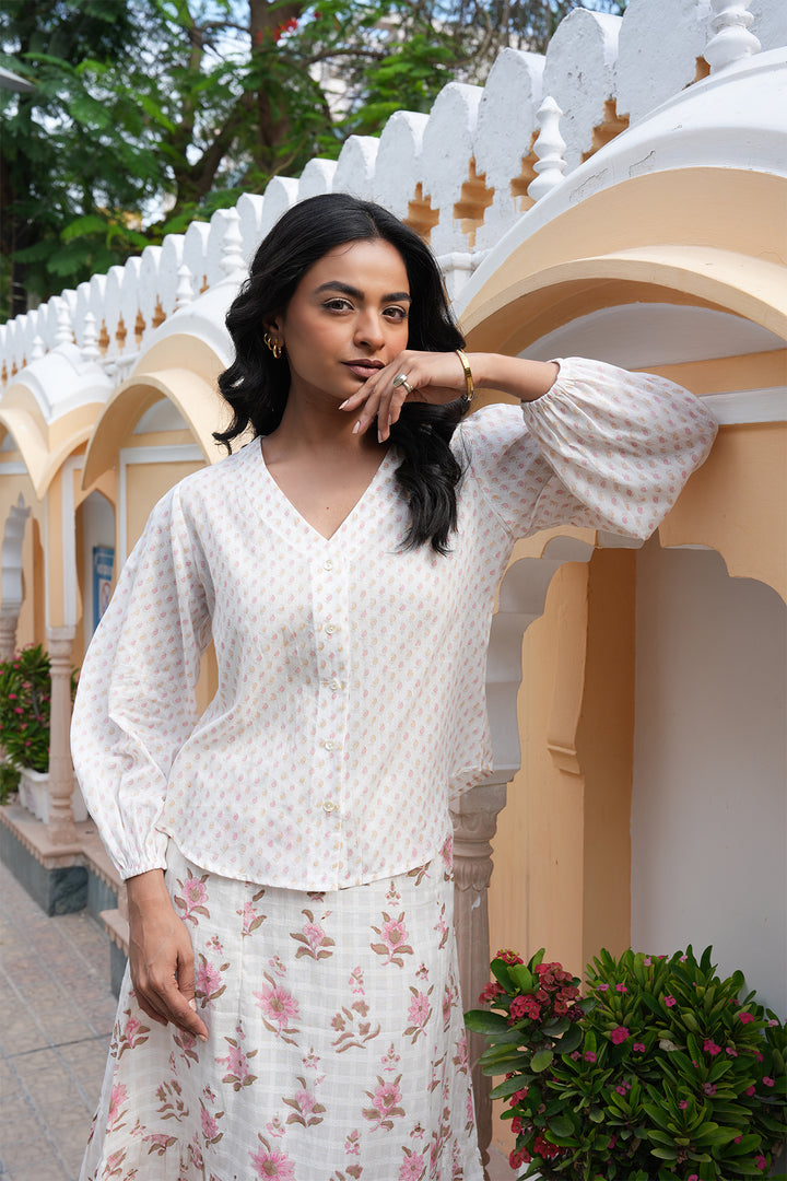 Pihu White Block Printed Top and Skirt