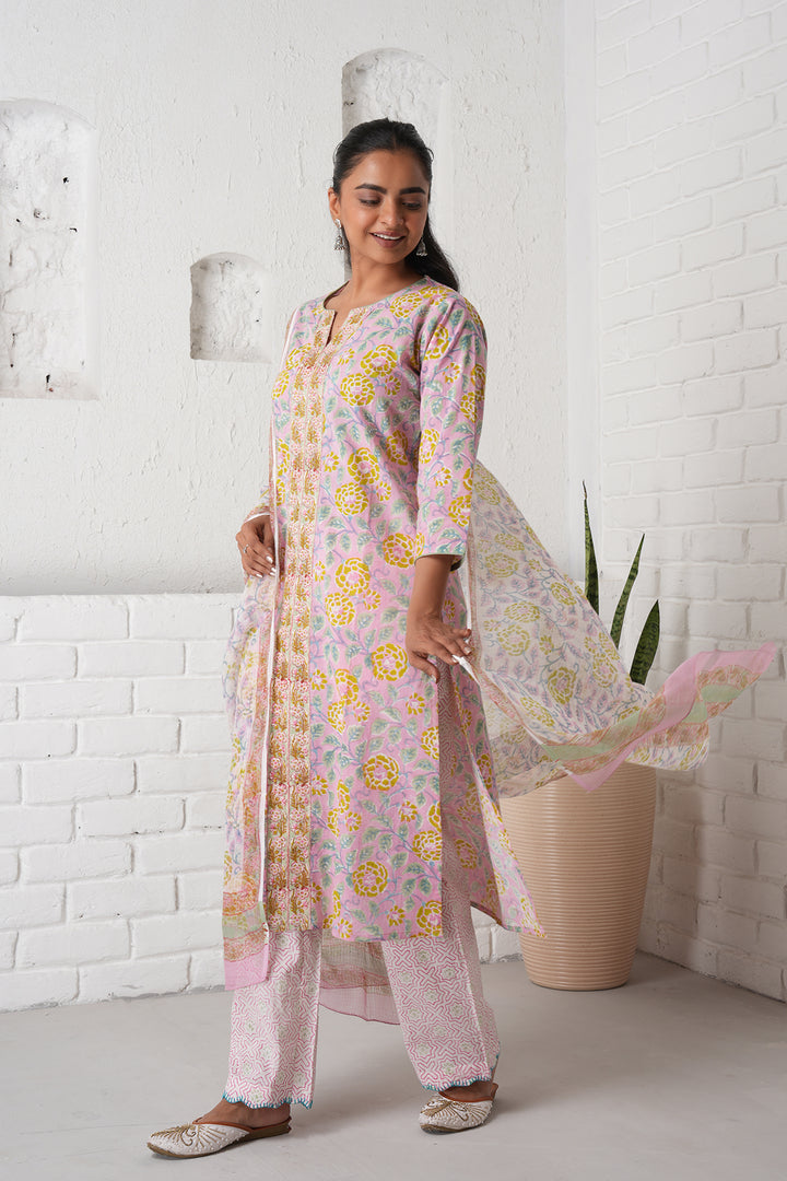 Rangrez Pink Jaal Cotton Kurta Set of 3