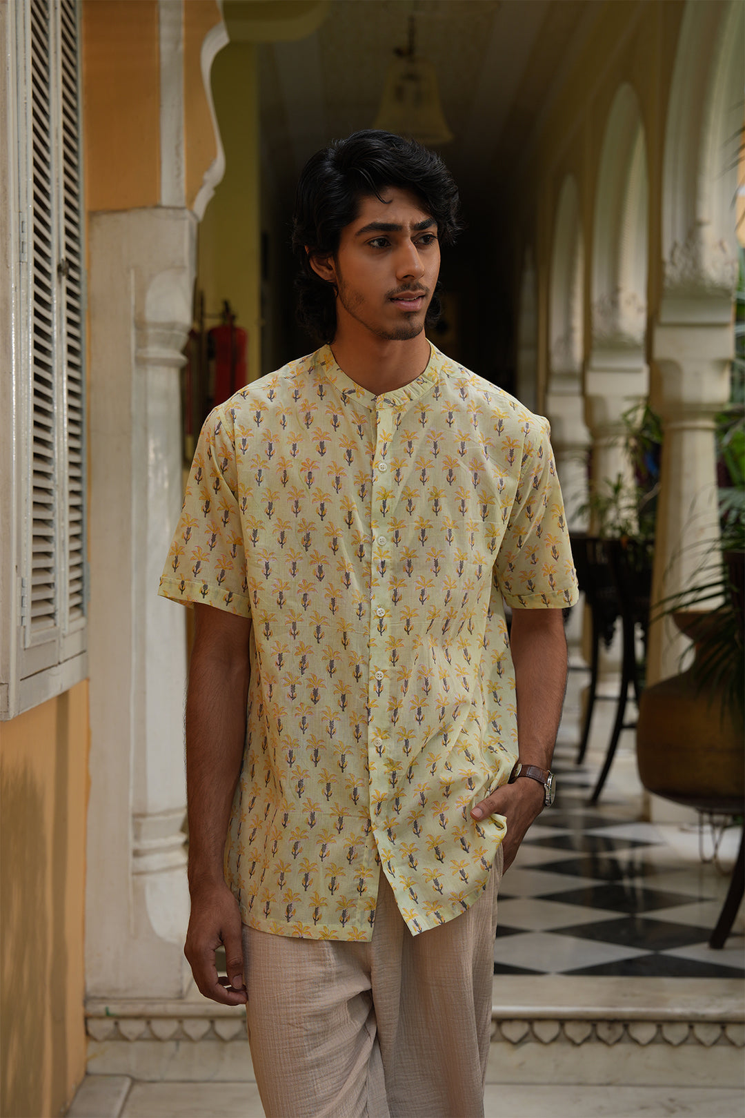 Vaayu Green Block Printed Cotton Shirt
