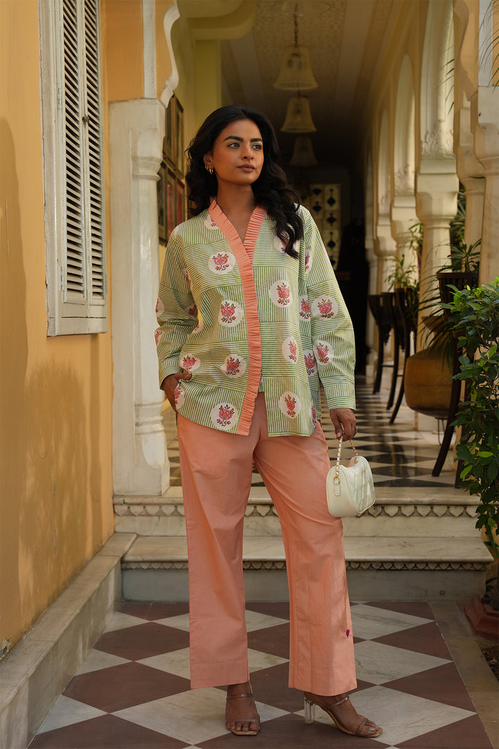 Pihu Olive Block Printed Shirt with Peach Solid Poplin Pant Set of 2