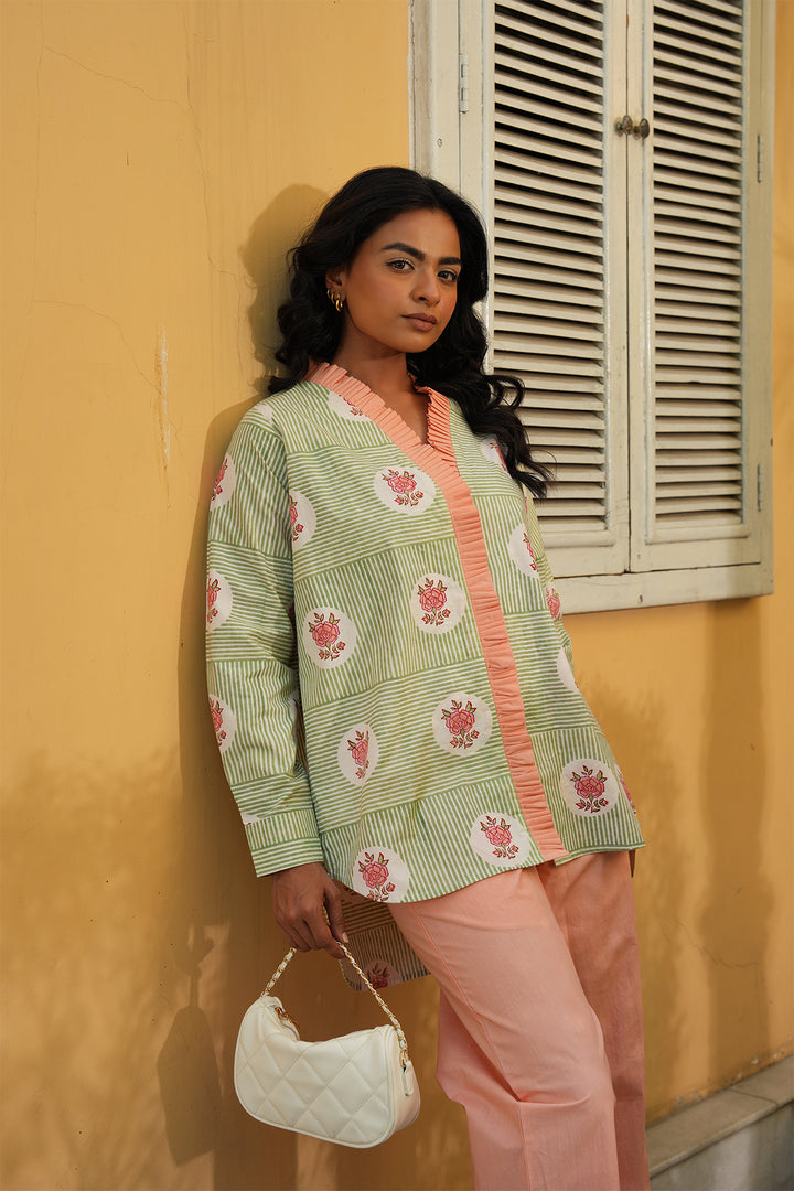 Pihu Olive Block Printed Shirt with Peach Solid Poplin Pant Set of 2