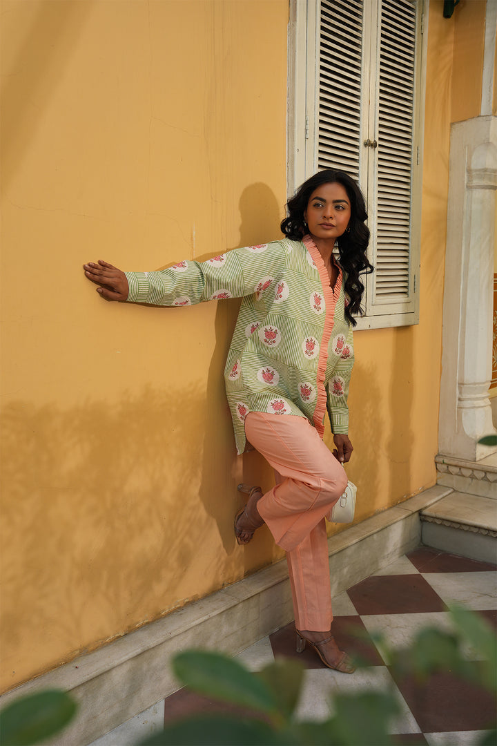 Pihu Olive Block Printed Shirt with Peach Solid Poplin Pant Set of 2