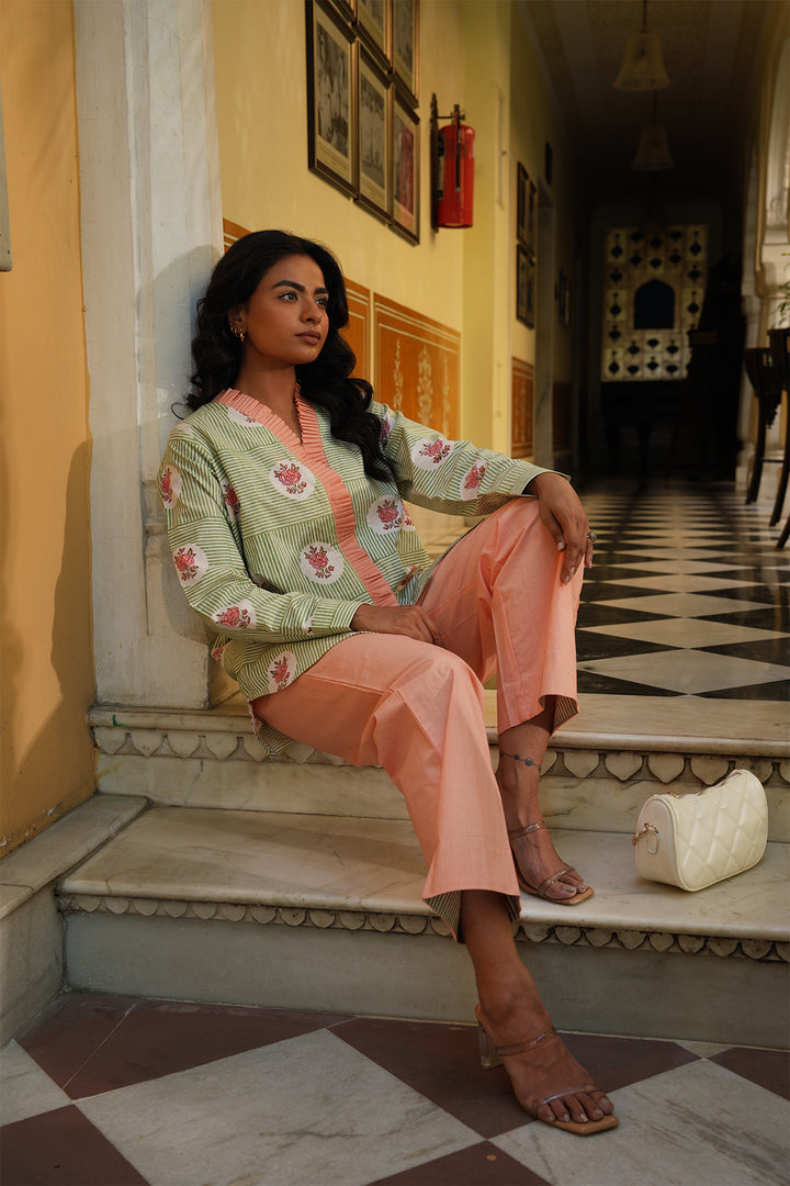 Pihu Olive Block Printed Shirt with Peach Solid Poplin Pant Set of 2