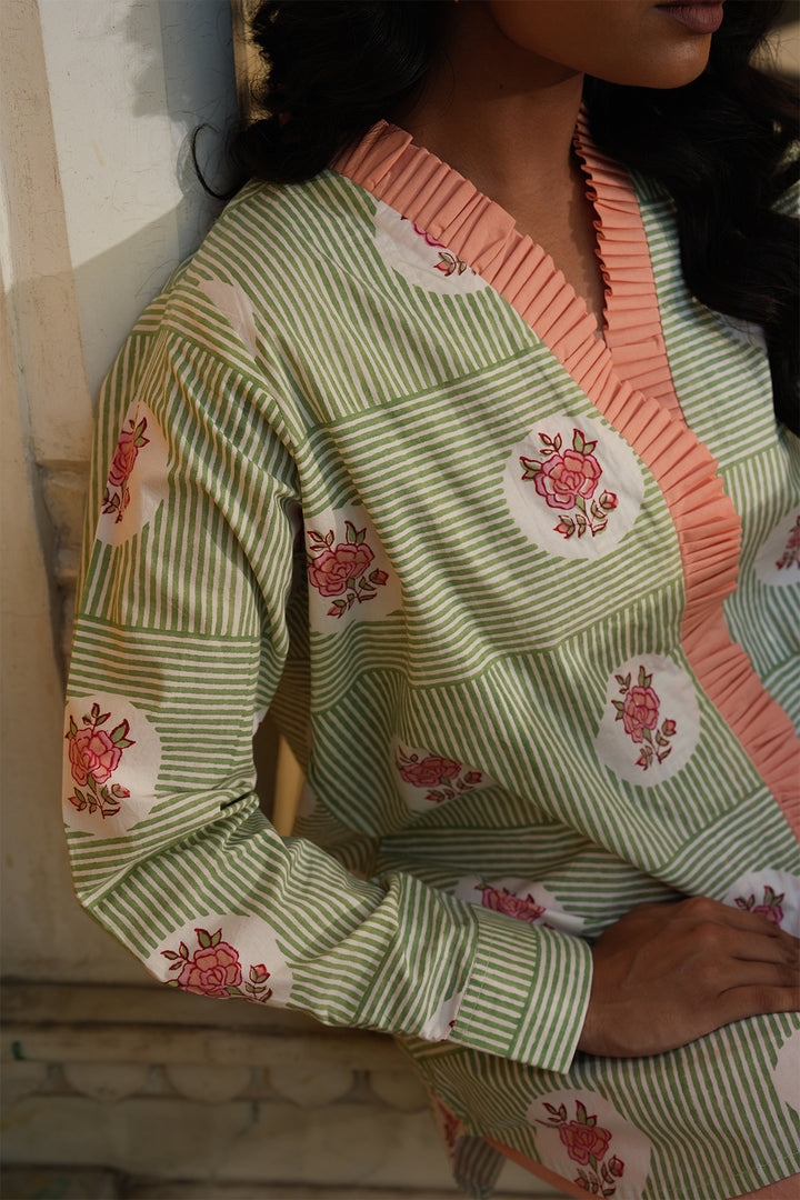 Pihu Olive Block Printed Shirt with Peach Solid Poplin Pant Set of 2